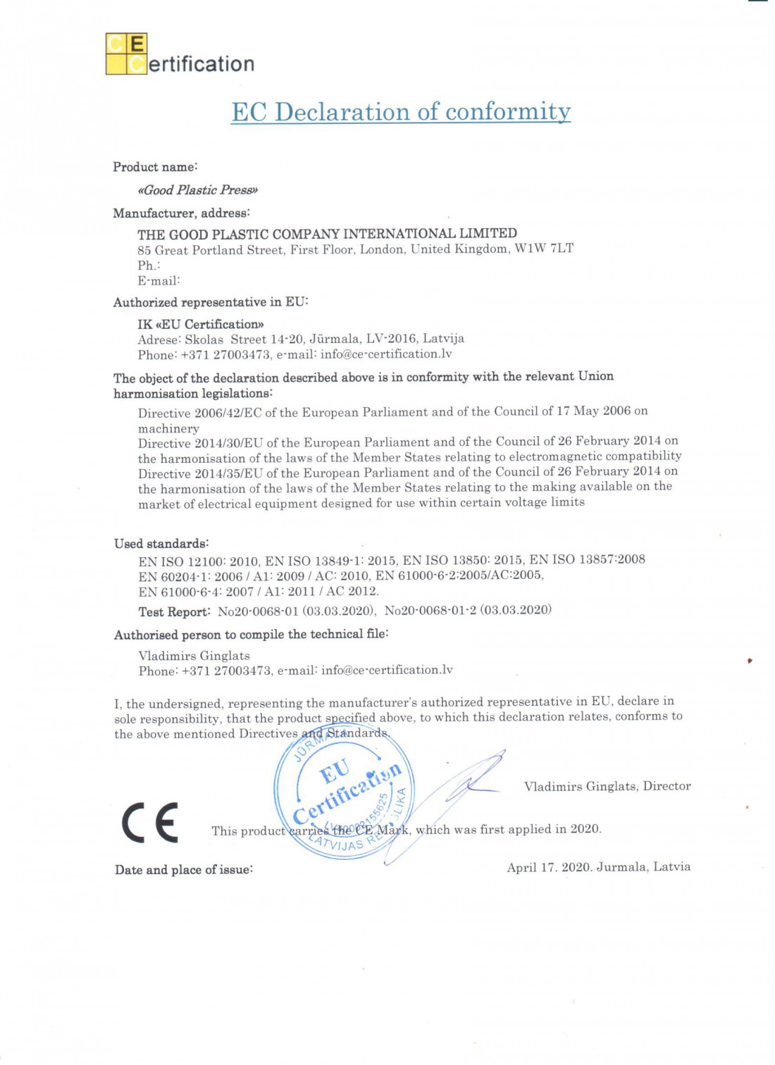 EK atbilstibas deklaracija direktiva 2014-35 lvd