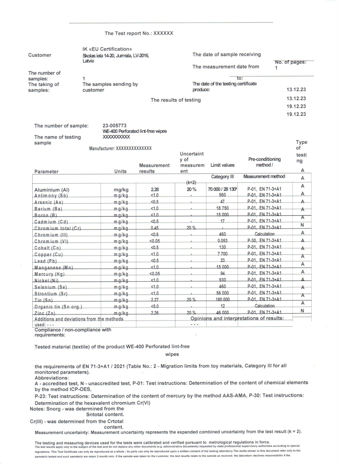 Vai plānojat pārdot rotaļlietas, bērnu mēbeles vai citas bērnu preces Eiropas Savienībā? Ja tā, tad nepieciešama atbilstība Rotaļlietu drošības direktīvai Eiropas Savienība (ES) un tās dalībvalstis piemēro administratīvus pasākumus un soda naudas par nedrošu rotaļlietu izplatīšanu. Pašreizējais saskaņotais standarts atsevišķu ES Rotaļlietu drošības direktīvas elementu migrācijai ir EN 71-3. Trešās puses laboratorijas testēšana ir vienīgais veids, kā pārbaudīt, vai jūsu produkts patiešām atbilst EN 71. Testa ziņojumam ir jābūt derīgam attiecībā uz to pašu produktu, kuru laižat tirgū. Nepieciešams CE marķējums. Atbilstība EN 71 testēšanas prasībām ir obligāta, importējot rotaļlietas ES. EN 71 nosaka testa metodes, lai novērtētu rotaļlietu dizainu, izturību un drošību, lai nodrošinātu atbilstību ES Rotaļlietu drošības direktīvai. EN 71-3: DAŽU ELEMENTU MIGRĀCIJA Rotaļlietu drošības direktīva nosaka ierobežojumus 19 smago metālu migrācijai rotaļlietu materiālos.