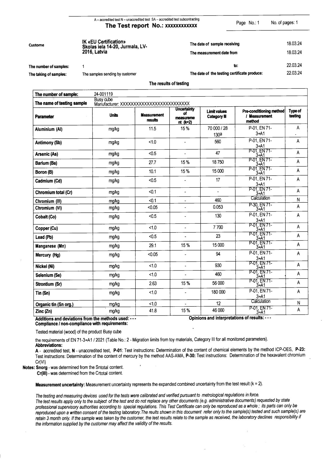 EN 71-3 novērtē noteiktu ķīmisko vielu migrāciju organismā, ja bērns norij rotaļlietu vai tās sastāvdaļas. Standarts ietver testēšanu ar 19 dažādām ķīmiskām vielām. Turklāt ir iekļautas trīs dažādas rotaļlietu kategorijas, un katrai no tām ir noteiktas atšķirīgas ķīmisko vielu robežvērtības, kas saistītas ar iespējamību, ka rotaļlieta tiks norīta. Kategorijā ar visgrūtākajiem ierobežojumiem ietilpst šķidras rotaļlietas (krāsas, burbuļu šķīdumi u. c.), jo bērns tās salīdzinoši viegli norij. Plastmasas ir iekļautas kategorijā ar visvieglākajiem ierobežojumiem, jo risks norīt ir mazāks. EN 71-3 testē šādu ķīmisko vielu koncentrāciju: alumīnija, antimona, arsēna, bārija, bora, kadmija, hroma (III), hroma (VI), kobalta, vara, svina, mangāna, dzīvsudraba, niķeļa, selēna, stroncija alvu, organisko alvu un cinku.  Translated with DeepL.com (free version)