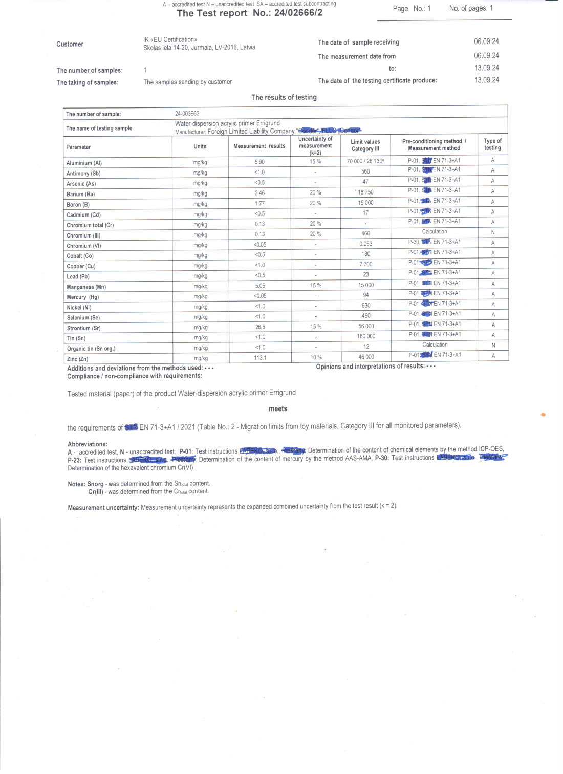 Test Report EN 71-3 