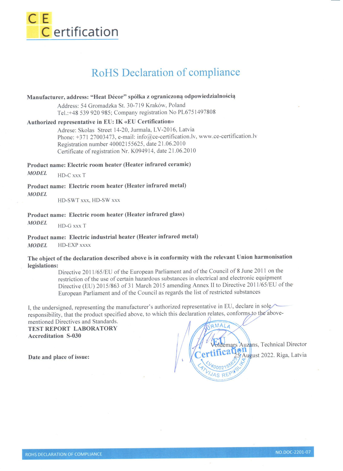 RoHS atbilstības deklarācija par bīstamo vielu ierobežošanu elektriskās un elektroniskās iekārtās