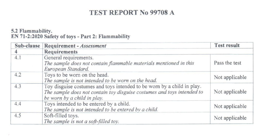 EN 71-2 klasificē aizliegtos uzliesmojošos materiālus visās rotaļlietās. Tajā arī noteiktas uzliesmojamības prasības un testēšanas metodes dažām augsta riska rotaļlietām un bērnu tekstilizstrādājumiem. Saskaņā ar EN 71-2 visās rotaļlietās aizliegti šādi uzliesmojoši materiāli: Celuloīds (celulozes nitrāts), izņemot gadījumus, kad to izmanto lakā, krāsā vai līmē un galda tenisa bumbiņās.